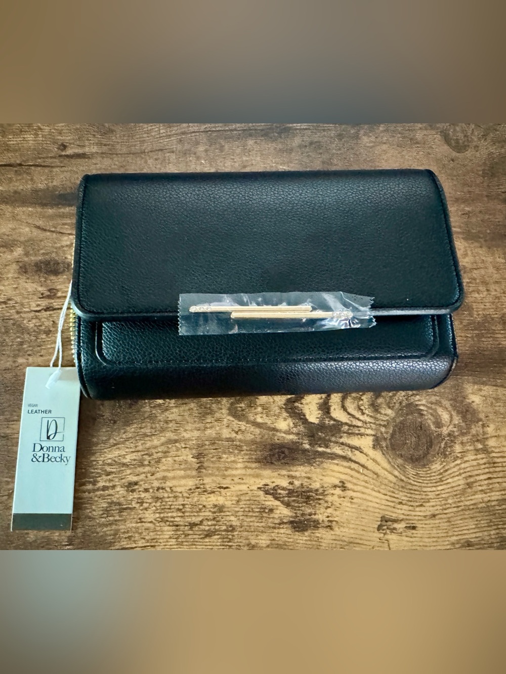 NWT- DONNA & BECKY Black Vegan Leather Crossbody Bag with Gold Accent